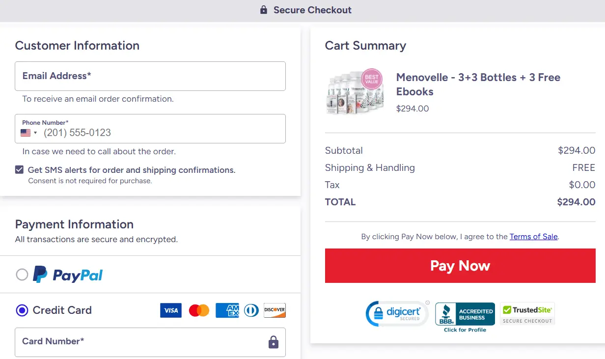 menovelle checkout page